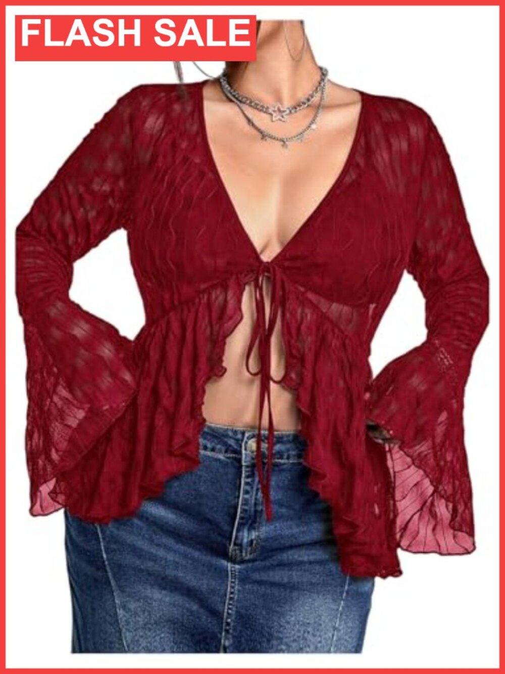 Women's Plus Size Sheer Mesh Bell Sleeve Asymmetric Tie Front Top
